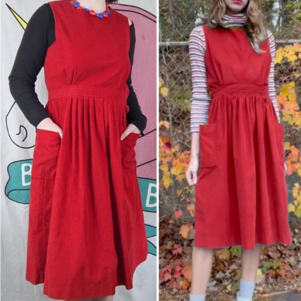 LL Bean Vintage Corduroy Jumper Pinafore Midi Dress Red Sz 12